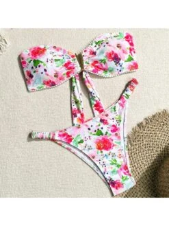Disty Floral Printing Backless Bikinis