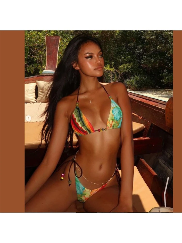 Colorblock Floral Printed Tie-wrap Bikinis - Image 9