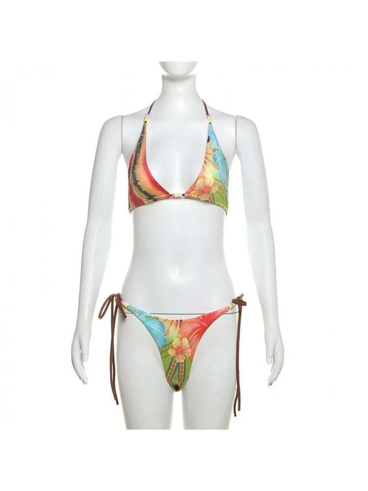 Colorblock Floral Printed Tie-wrap Bikinis - Image 12