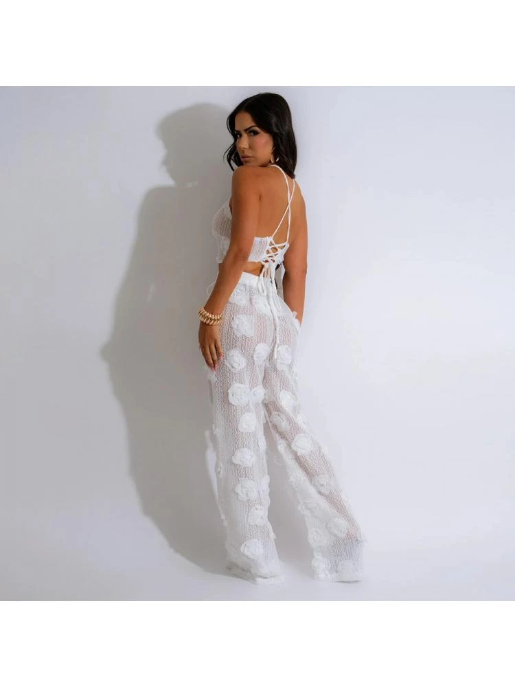 Flower See Through Lace-Up Pant Sets - Image 2