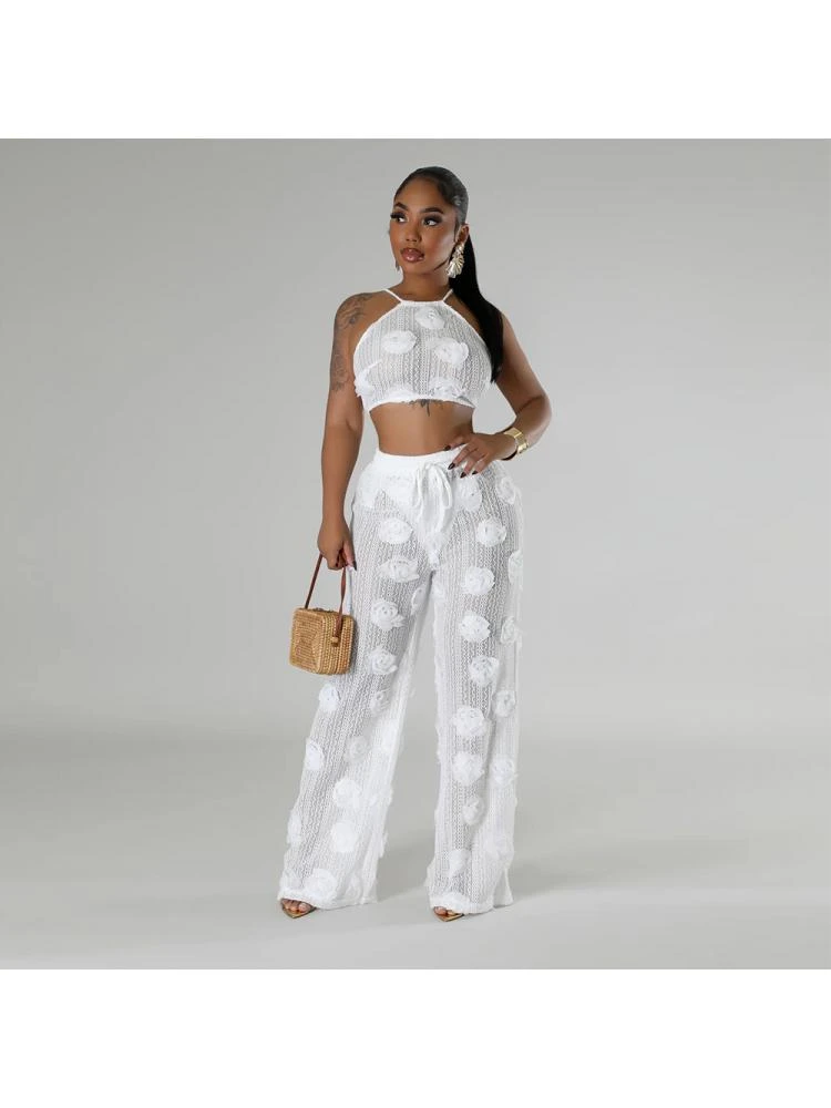Flower See Through Lace-Up Pant Sets - Image 3