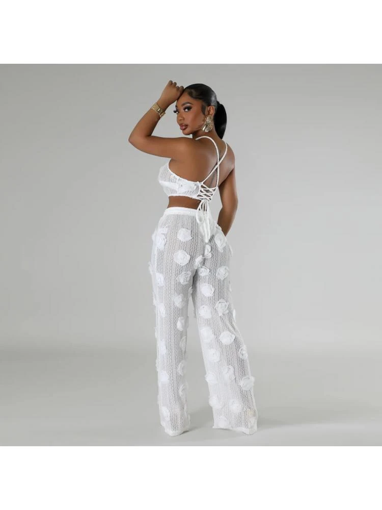 Flower See Through Lace-Up Pant Sets - Image 4