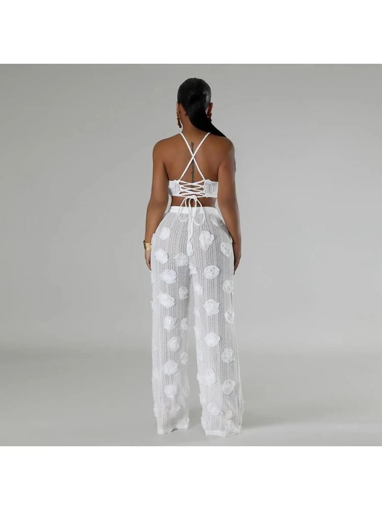 Flower See Through Lace-Up Pant Sets - Image 5