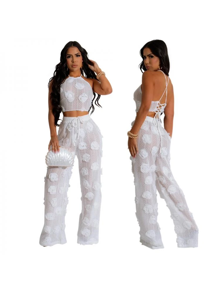Flower See Through Lace-Up Pant Sets - Image 6