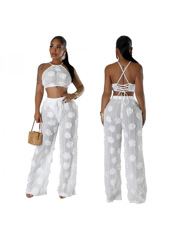 Flower See Through Lace-Up Pant Sets - Image 9