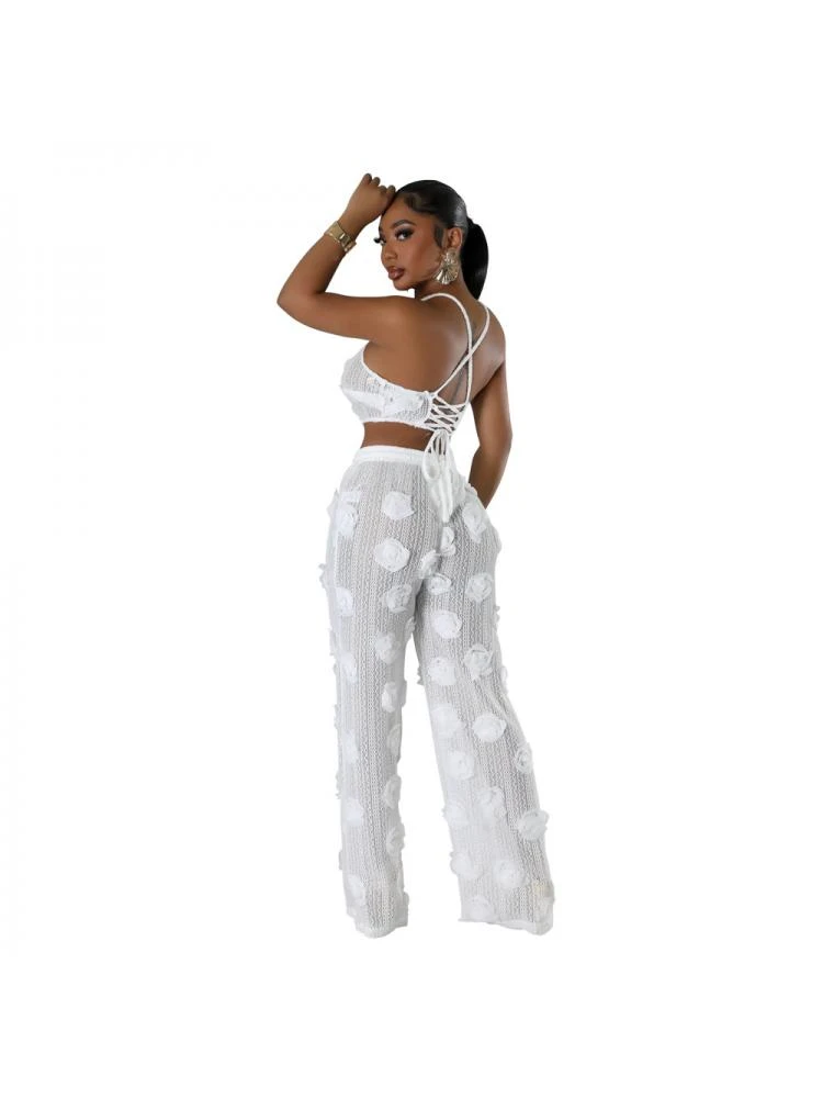 Flower See Through Lace-Up Pant Sets - Image 11