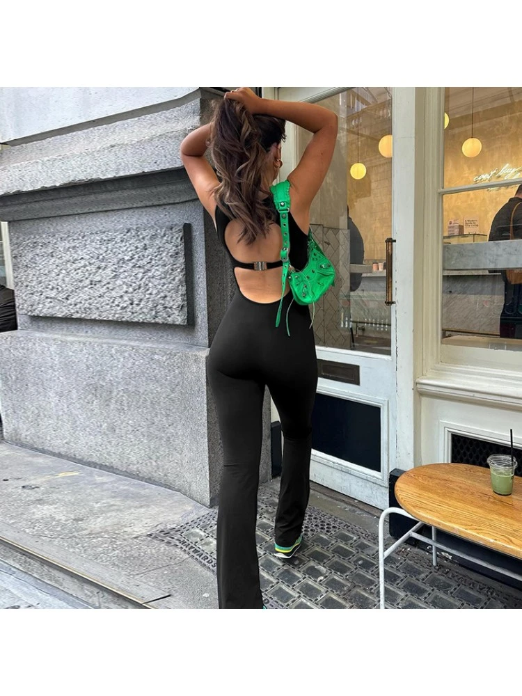 Patchwork Hollow-out Flared Jumpsuits - Image 10