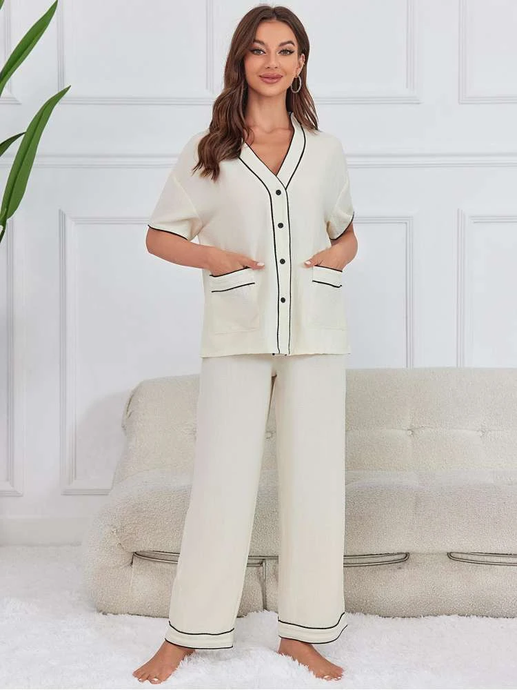 V Neck Buckle Pajamas Pant Sets