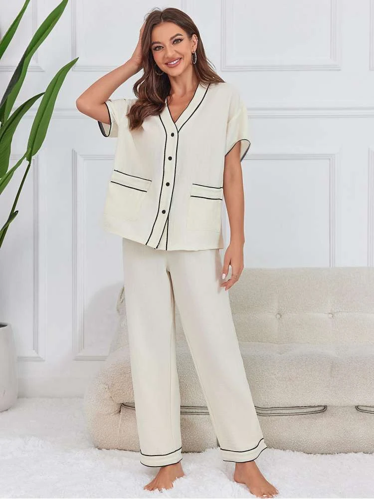 V Neck Buckle Pajamas Pant Sets - Image 4