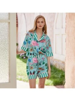 Flamingo Striped Lapel Pajamas Sets