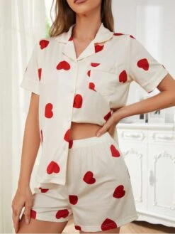 Heart Printed Pajamas Lapel Short Sets