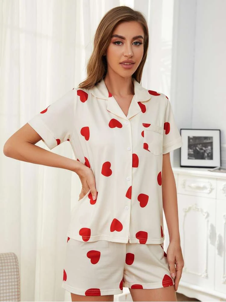 Heart Printed Pajamas Lapel Short Sets - Image 2