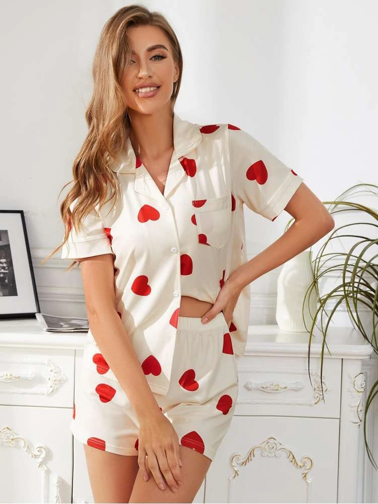 Heart Printed Pajamas Lapel Short Sets - Image 4