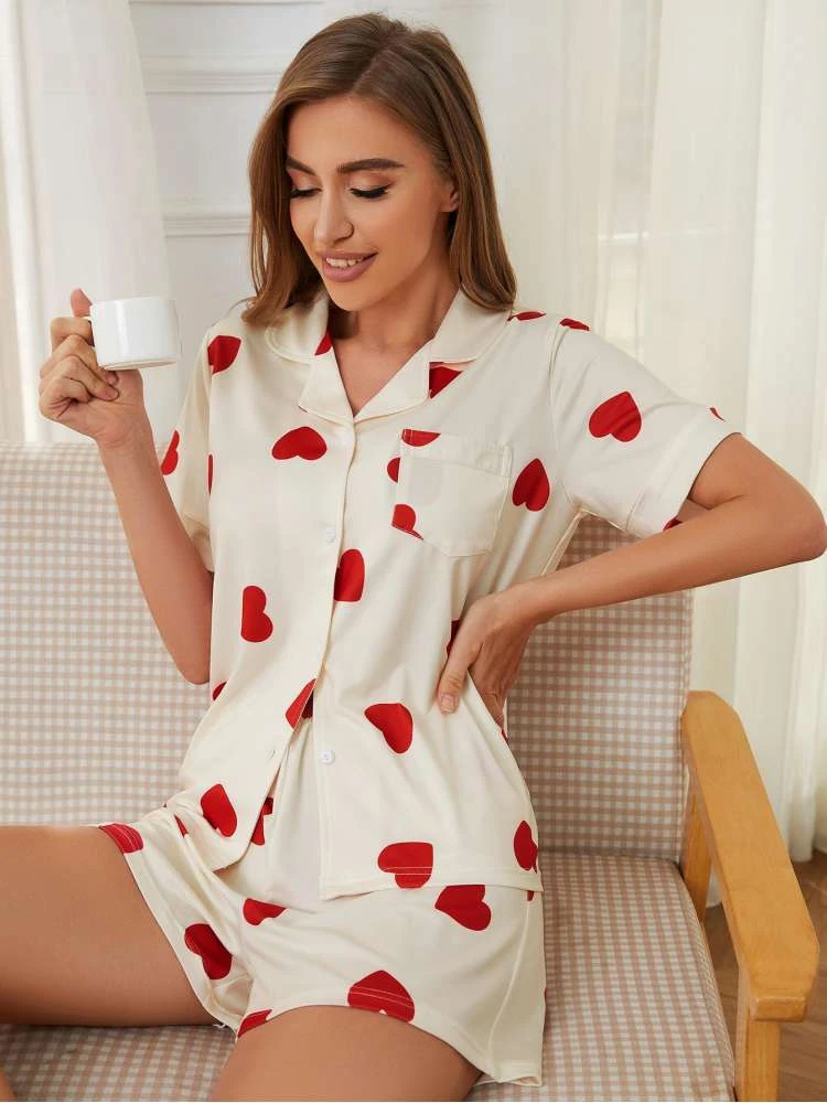 Heart Printed Pajamas Lapel Short Sets - Image 5