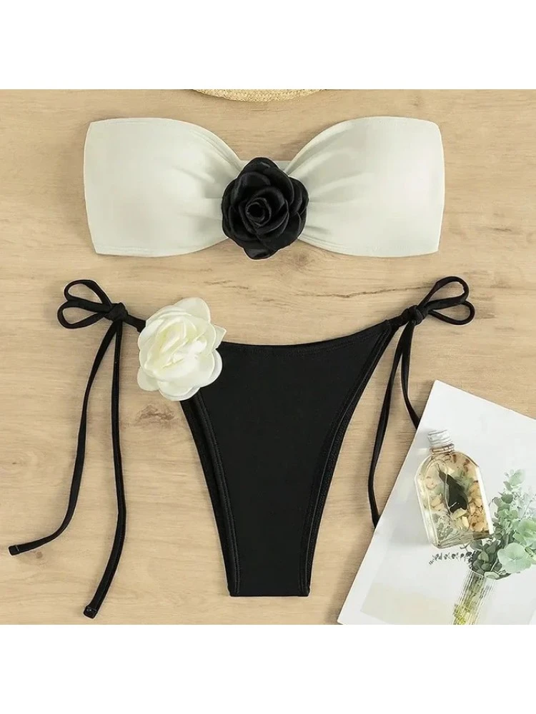 Colorblock Flower Strapless Backless Bikinis