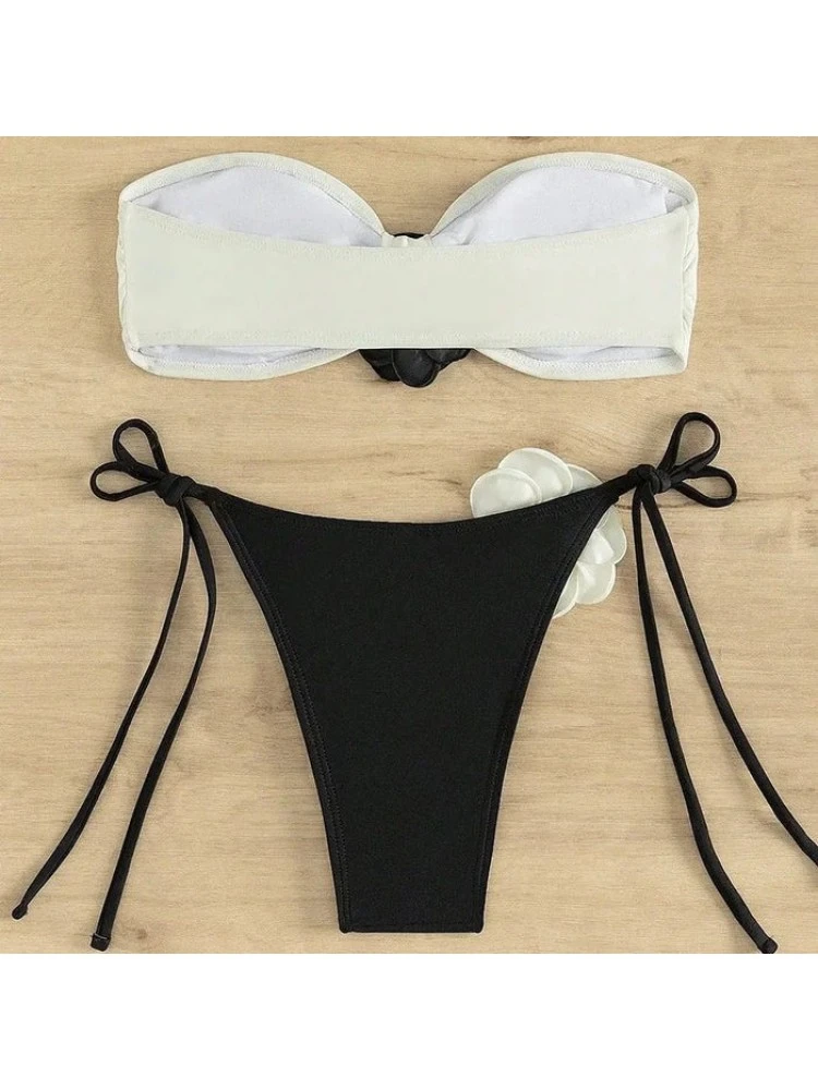 Colorblock Flower Strapless Backless Bikinis - Image 2
