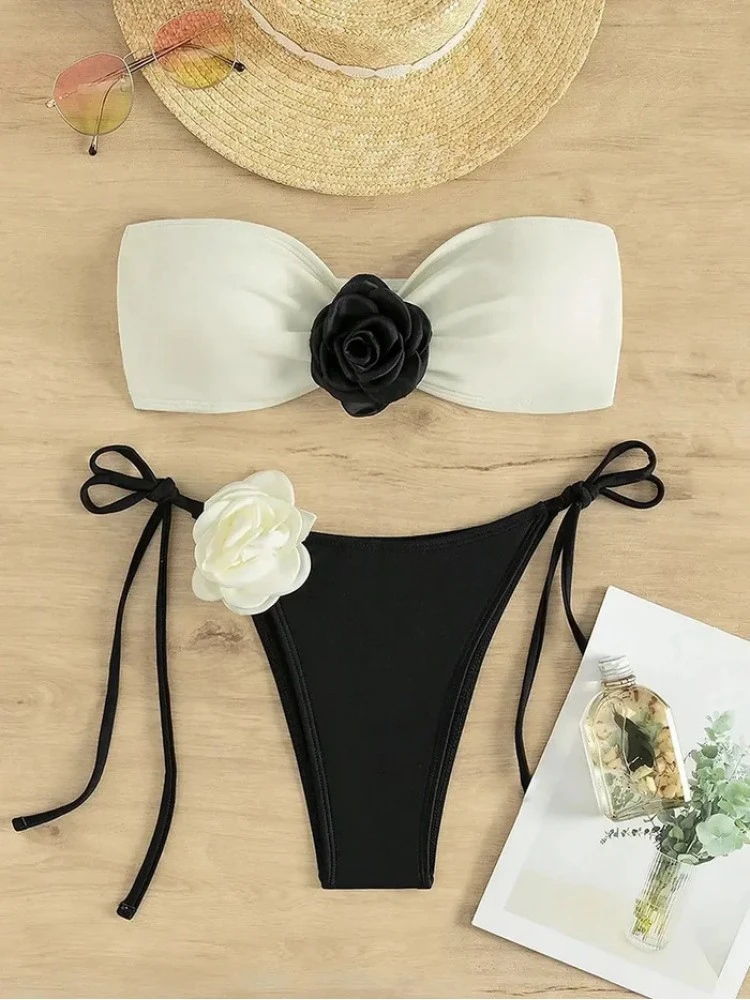 Colorblock Flower Strapless Backless Bikinis - Image 6