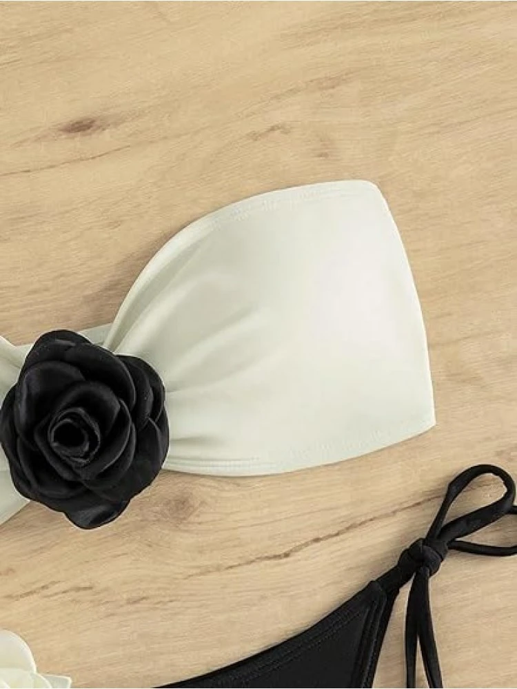 Colorblock Flower Strapless Backless Bikinis - Image 8