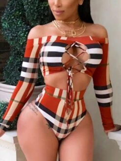 Colorblock Patchwork Boat Neck Bikinis