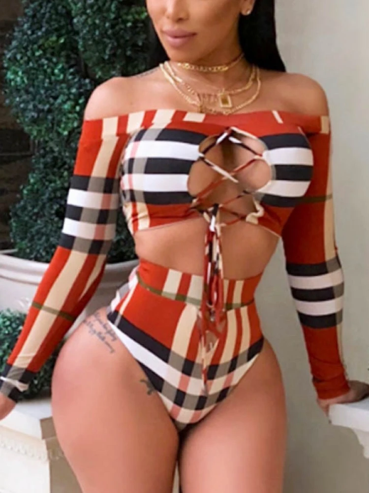 Colorblock Patchwork Boat Neck Bikinis