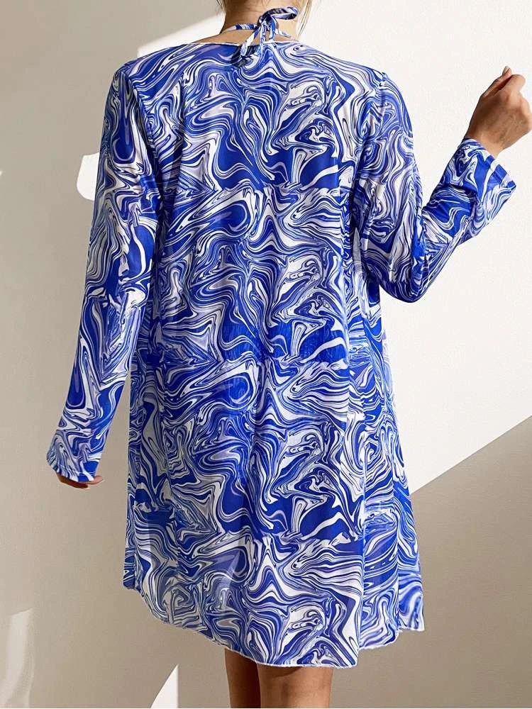 Pattern Long Sleeve Bodycon Bikinis Sets - Image 2