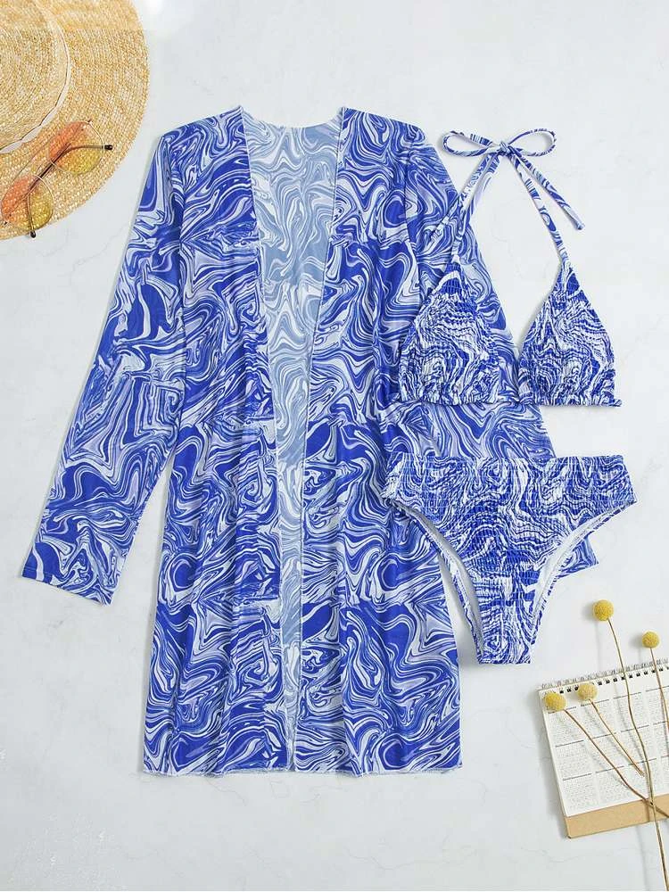 Pattern Long Sleeve Bodycon Bikinis Sets - Image 3