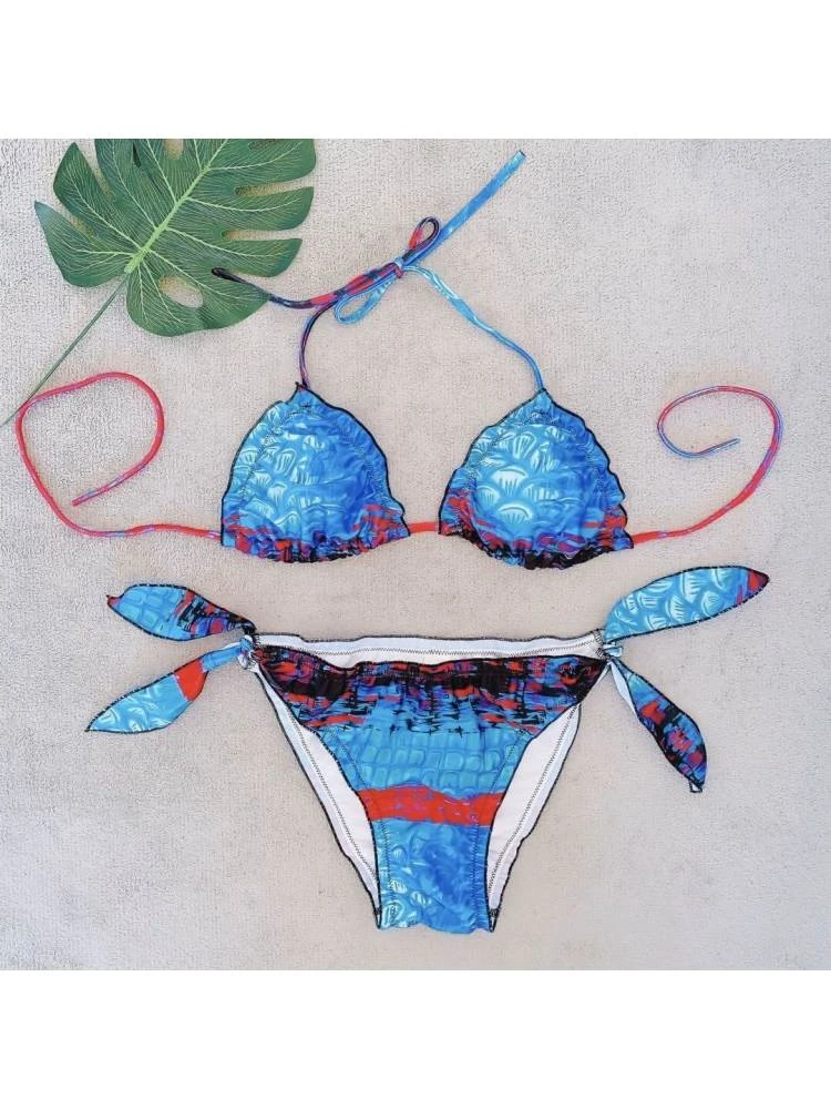 Fish Scale Print Halter Backless Bikinis - Image 3