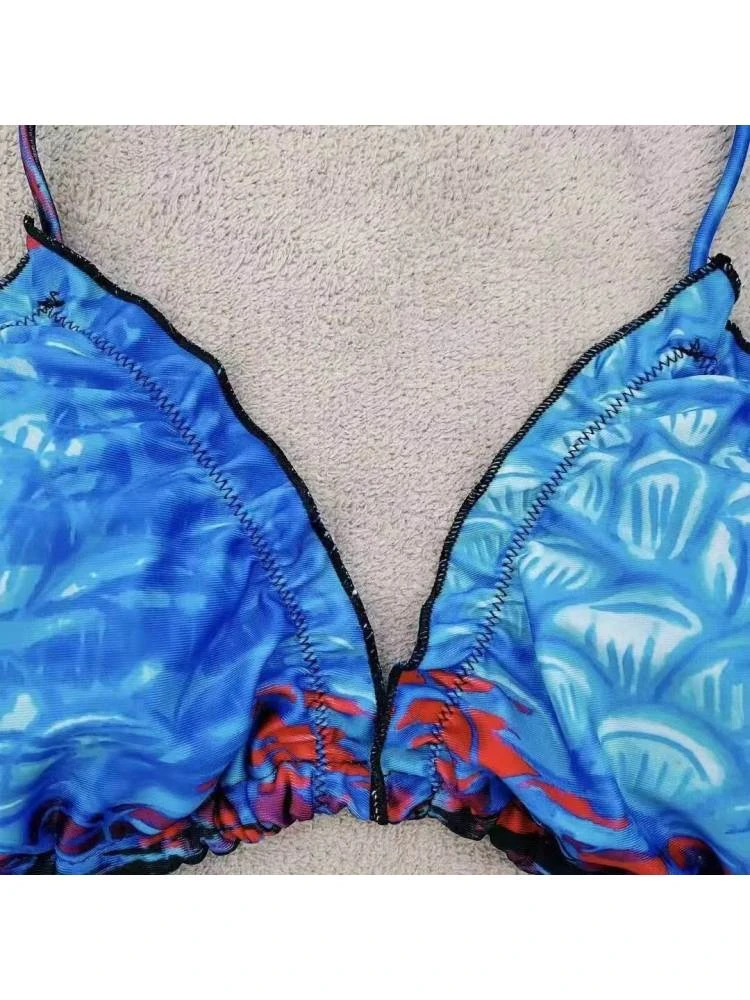 Fish Scale Print Halter Backless Bikinis - Image 4