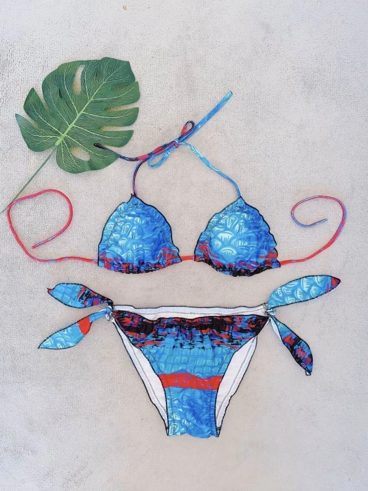 Fish Scale Print Halter Backless Bikinis - Image 7