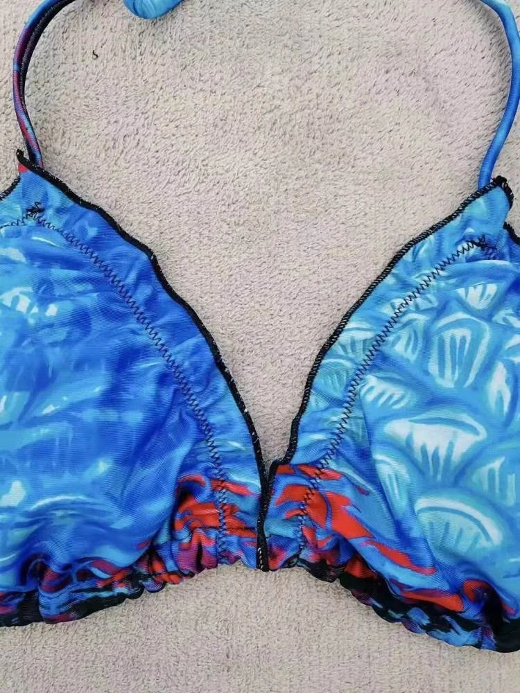 Fish Scale Print Halter Backless Bikinis - Image 8