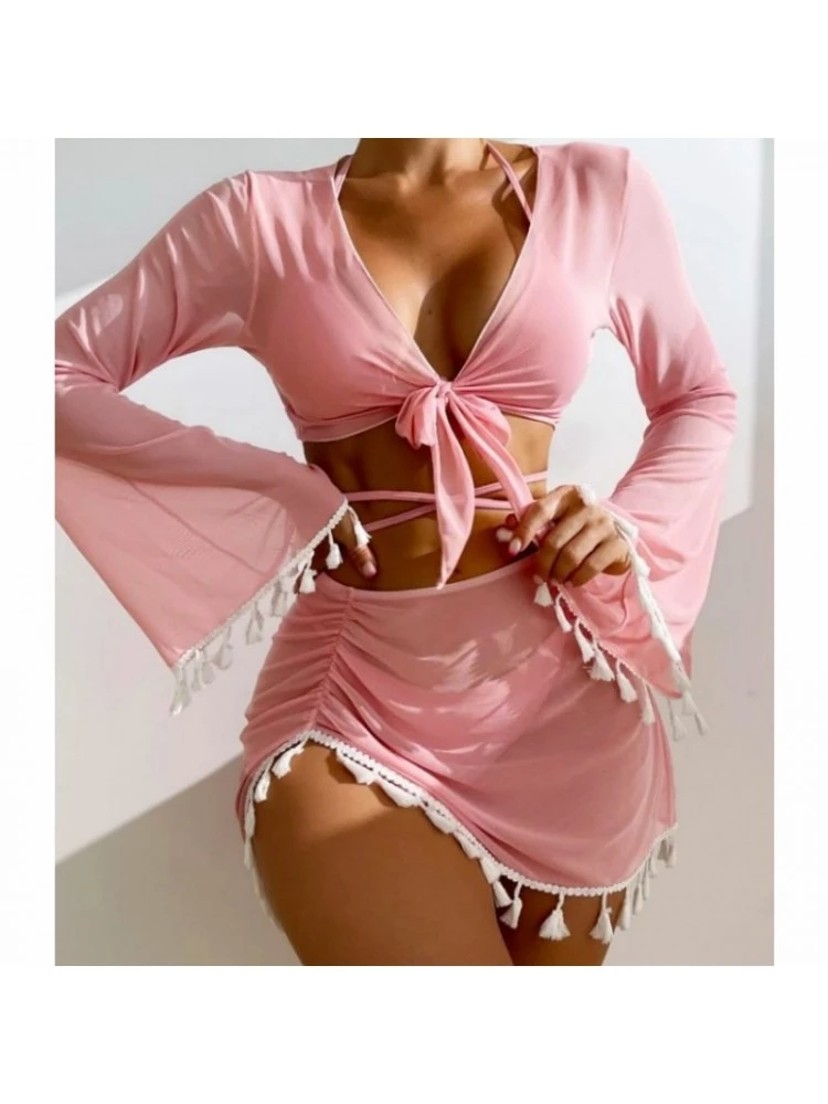 Fringe Ruched Long Sleeve Bikinis 4-piece Set