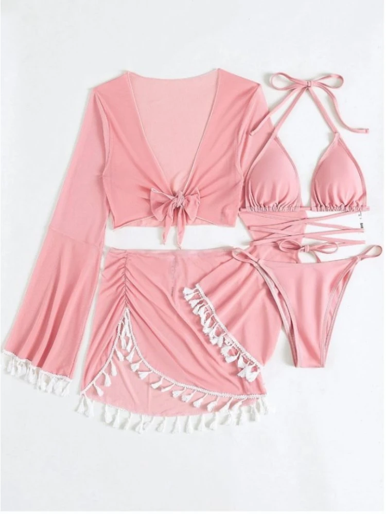 Fringe Ruched Long Sleeve Bikinis 4-piece Set - Image 5