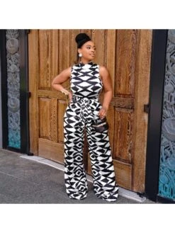 Colorblock Crewneck Wide Leg Jumpsuits