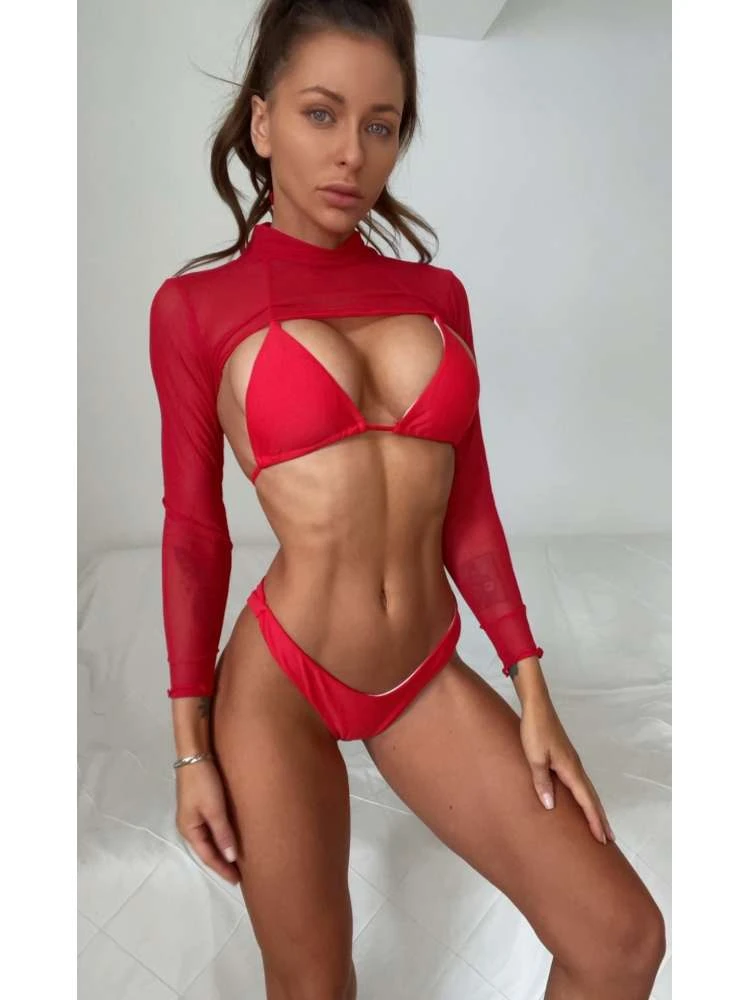 Solid Color Long Sleeve Fitted Bikinis - Image 2