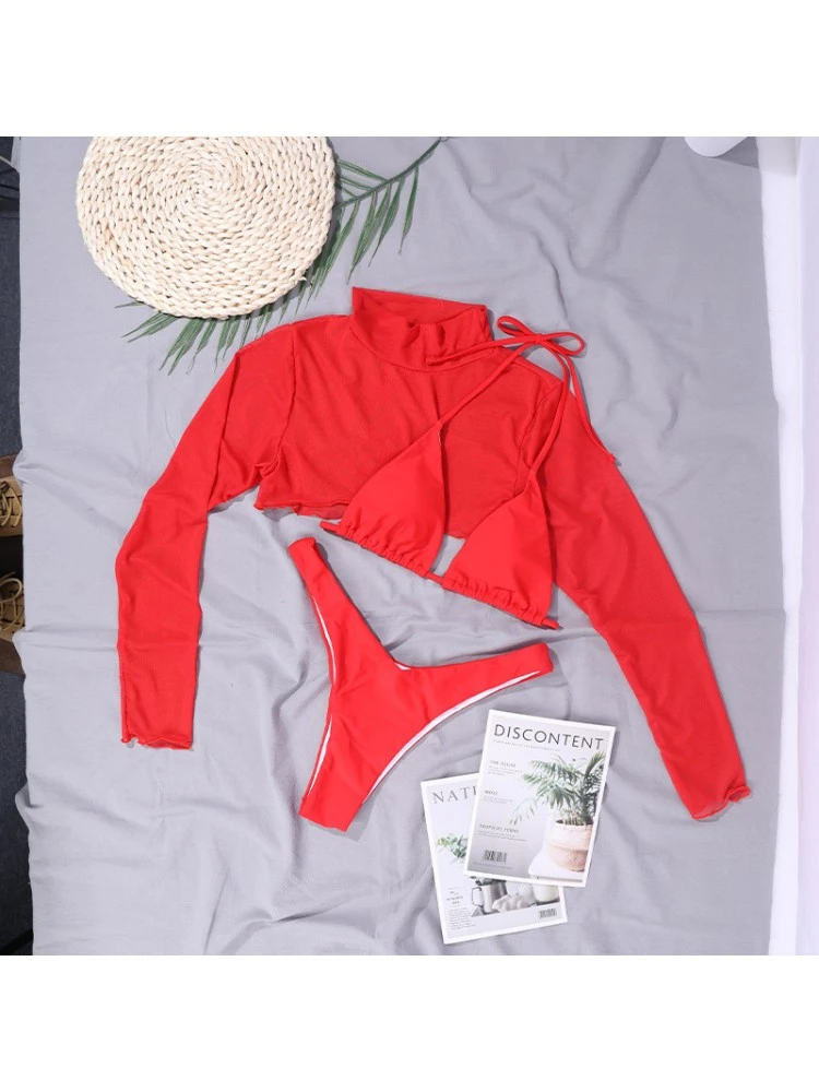 Solid Color Long Sleeve Fitted Bikinis - Image 4