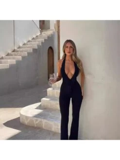 Halter Lace Up Backless Flared Jumpsuits