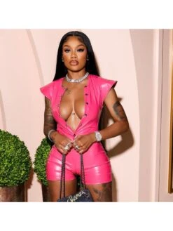 PU Button Up Backless Rompers