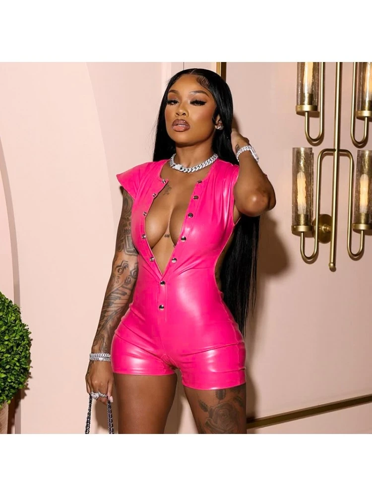 PU Button Up Backless Rompers - Image 2