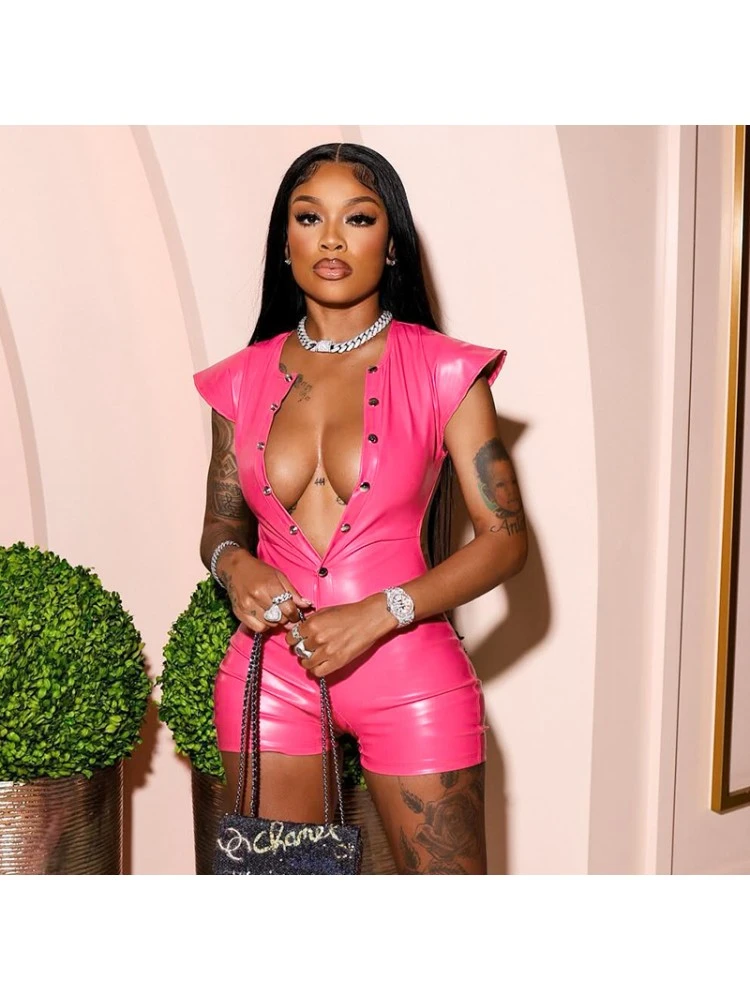 PU Button Up Backless Rompers - Image 3