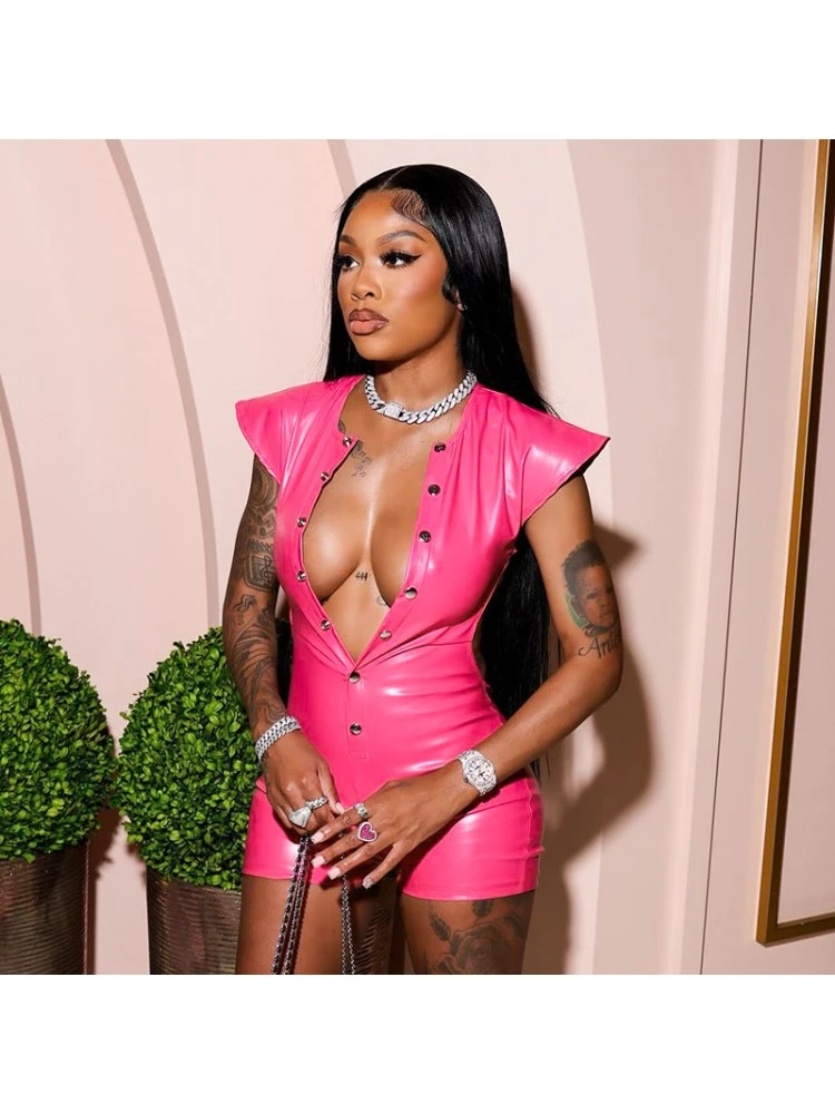 PU Button Up Backless Rompers - Image 4